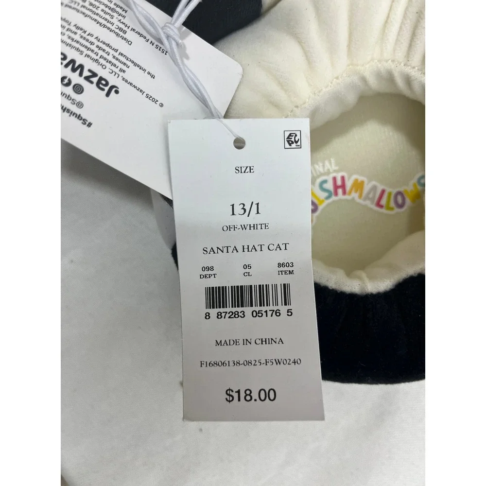 Squishmallows Santa Hat Cat Slippers Kid Size 13/1 Off-White Holiday Plush Shoes